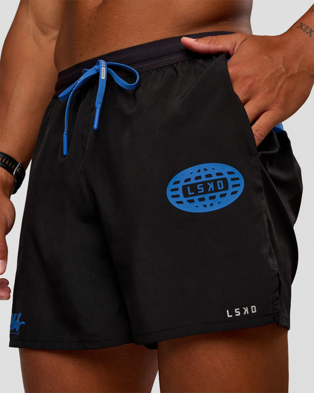 Man wearing Pace 5" Lined Running Short - Black-Palace Blue | Model:Malebo | Size:M