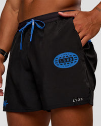 Man wearing Pace 5" Lined Running Short - Black-Palace Blue | Model:Malebo | Size:M