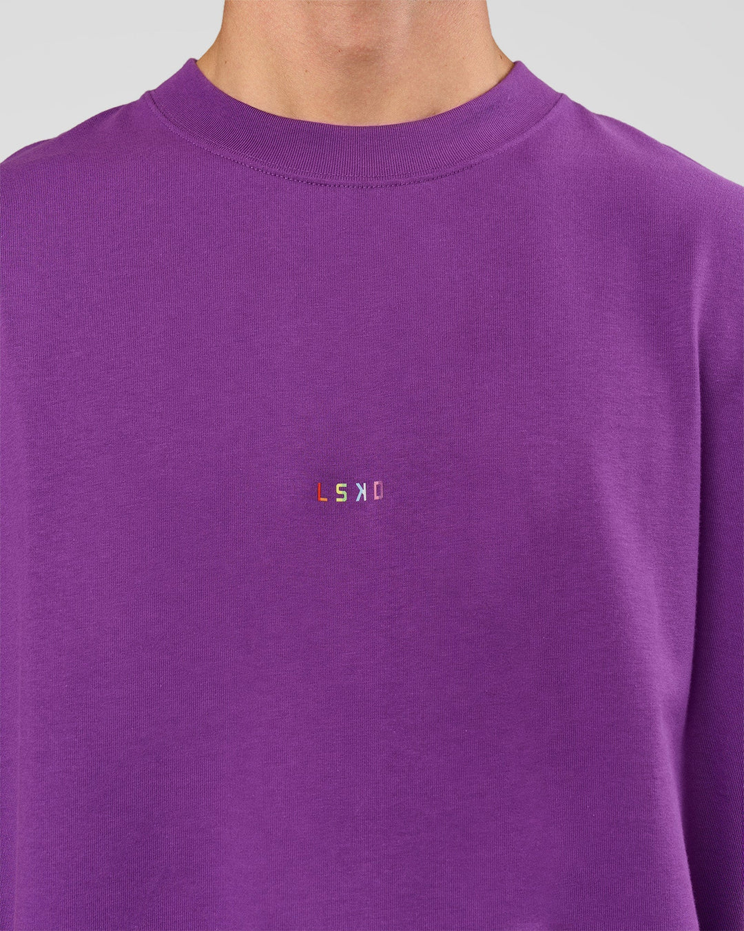 Man wearing Pride Sticker Boxy Tee - Fresh Purple | Model:Albert | Size:M