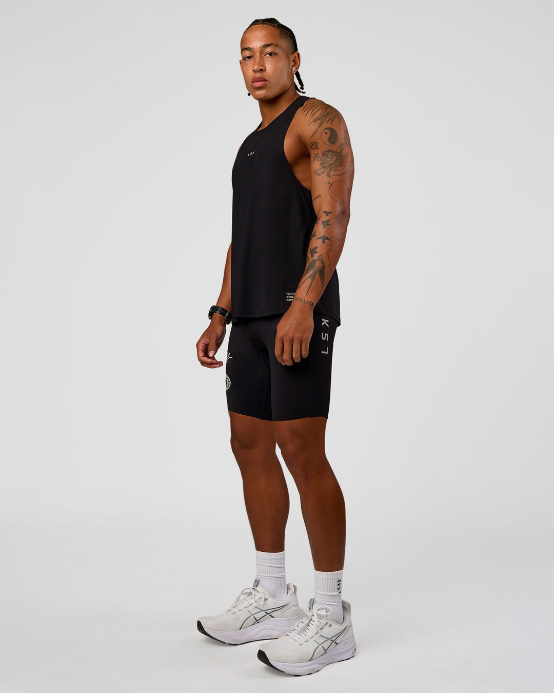 Man wearing Race Day 8" Short Tight - Black-Alloy | Model:Malebo | Size:M