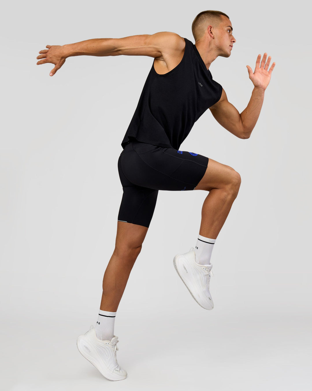 Man wearing Race Day 8" Short Tight - Black-Electric Indigo | Model:Albert | Size:M |