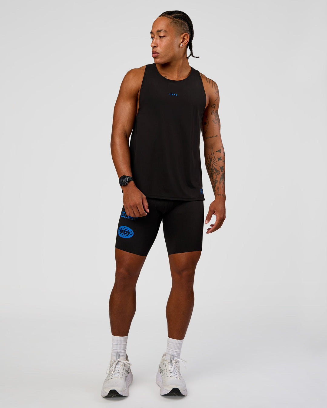 Man wearing Race Day 8" Short Tight - Black-Palace Blue | Model:Malebo | Size:M