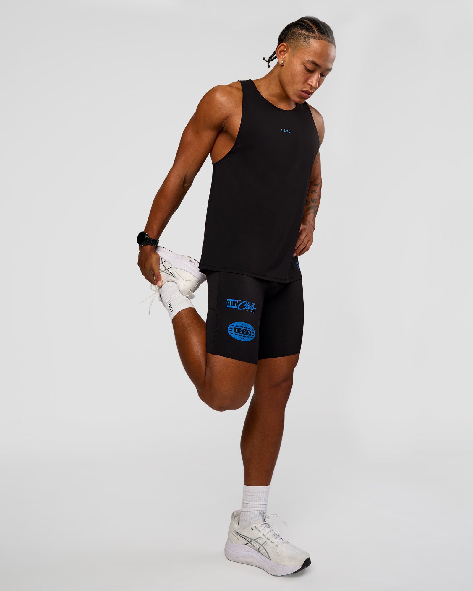 Man wearing Race Day 8" Short Tight - Black-Palace Blue | Model:Malebo | Size:M