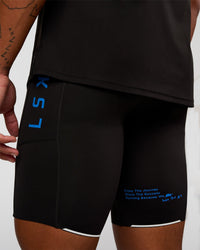 Man wearing Race Day 8" Short Tight - Black-Palace Blue | Model:Malebo | Size:M