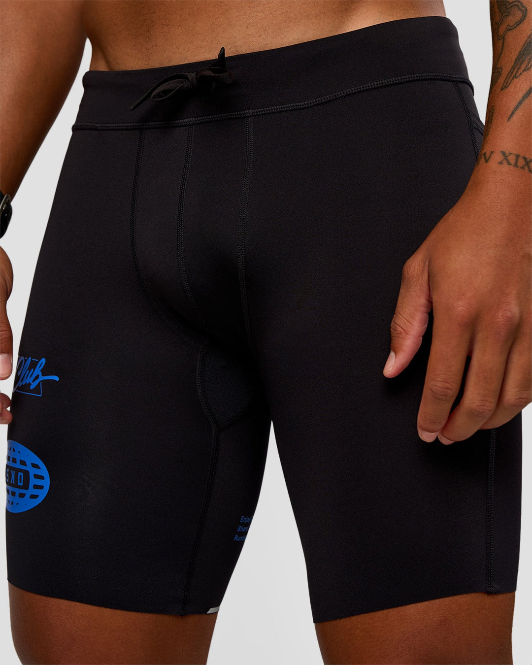 Man wearing Race Day 8" Short Tight - Black-Palace Blue | Model:Malebo | Size:M