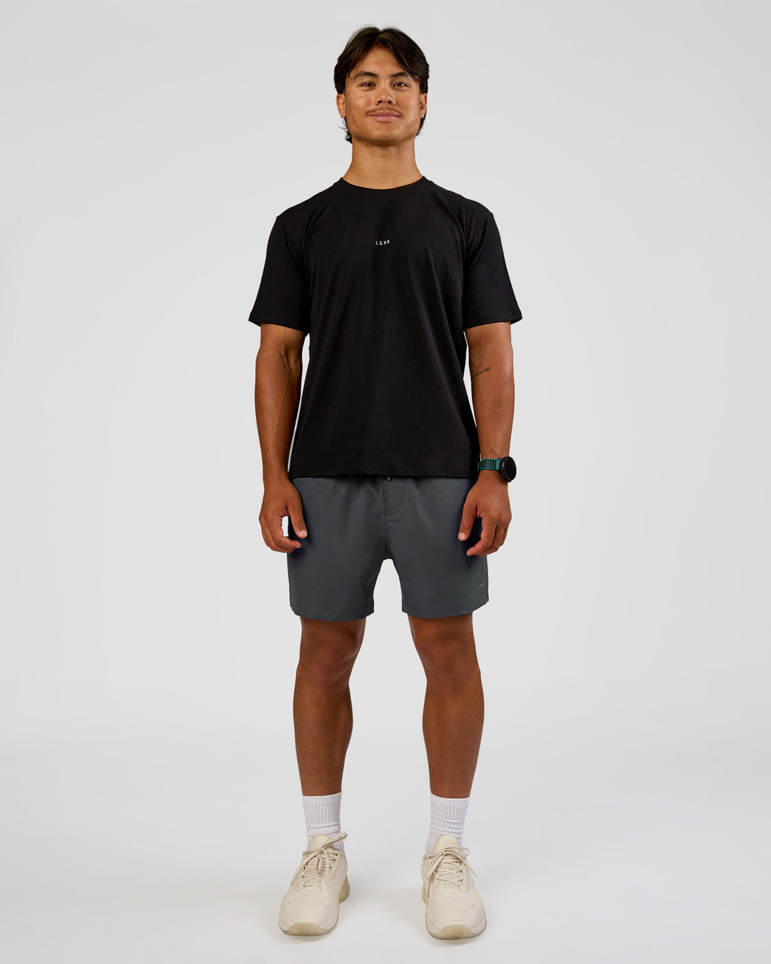Man wearing Rep 5" Performance Short - Dark Storm | Model:George | Size:M