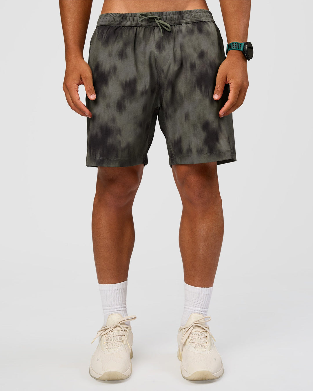 Man wearing Rep 7" Performance Short - Camo Washed Walnut Grey | Model:George | Size:M