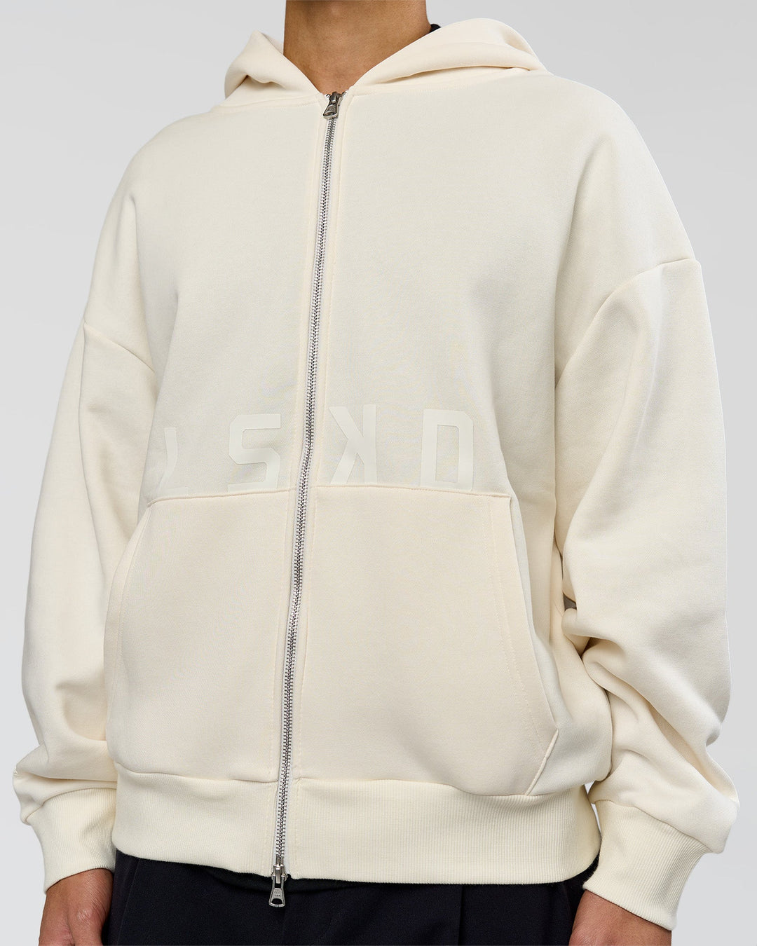 Man wearing Shadow Mode Oversized Zip Through Hoodie - Off White | Model:Leandro | Size:M - view 10
