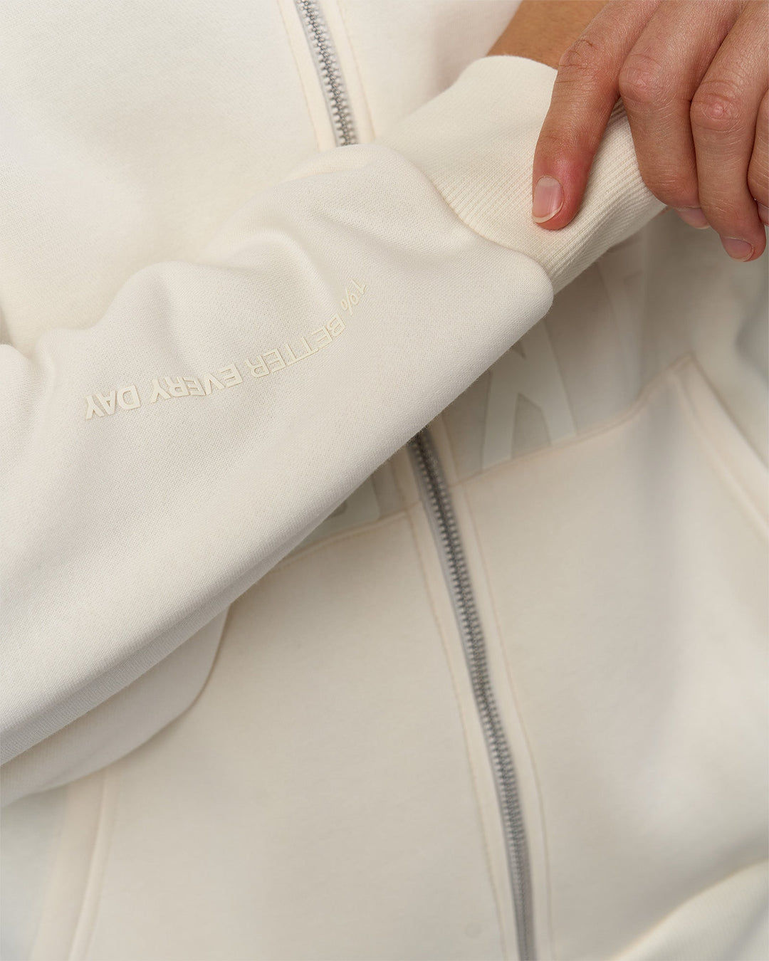 Man wearing Shadow Mode Oversized Zip Through Hoodie - Off White | Model:Leandro | Size:M - view 3
