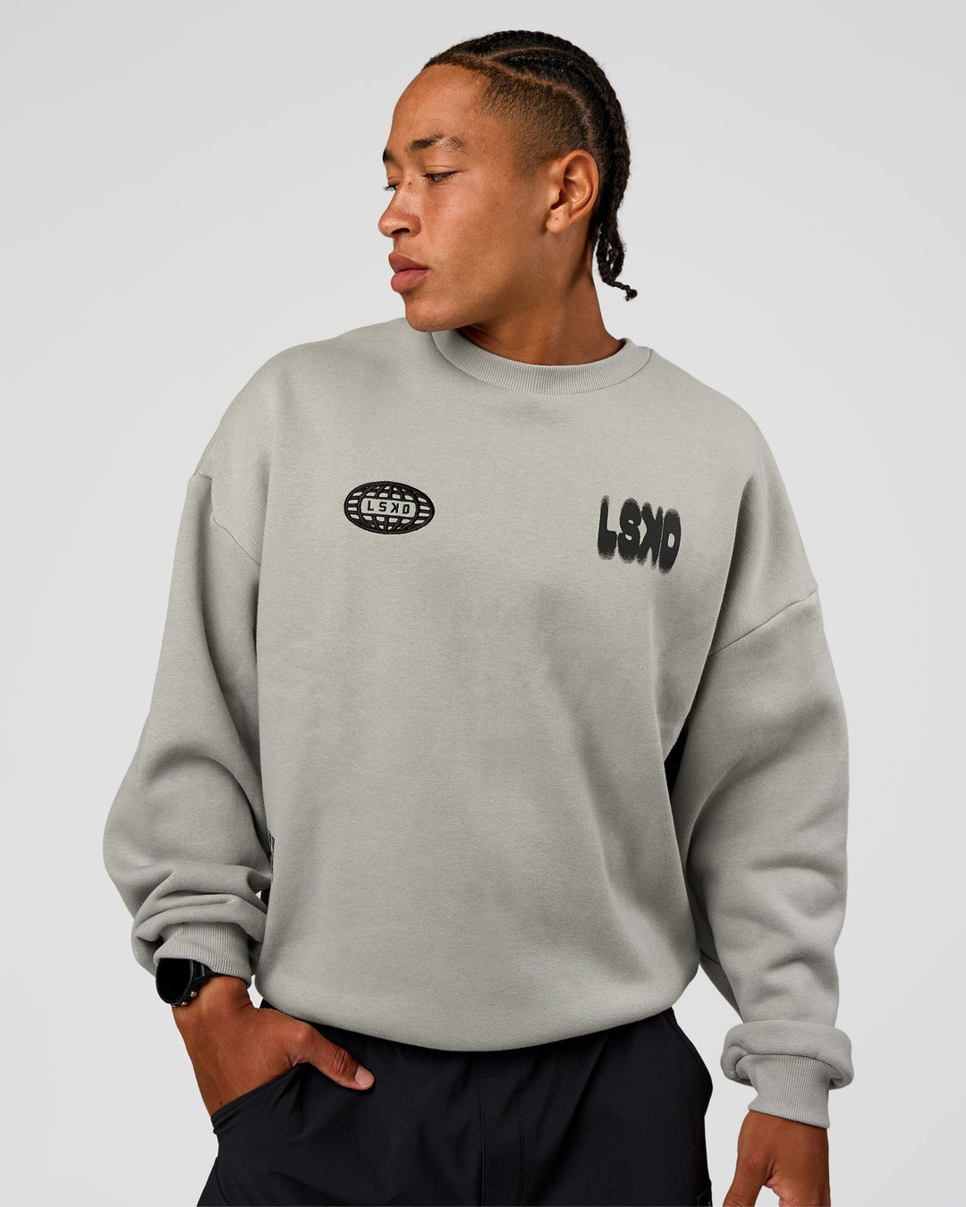 Man wearing Static Grit Boxy Crew - Alloy-Black | Model:Malebo | Size:M