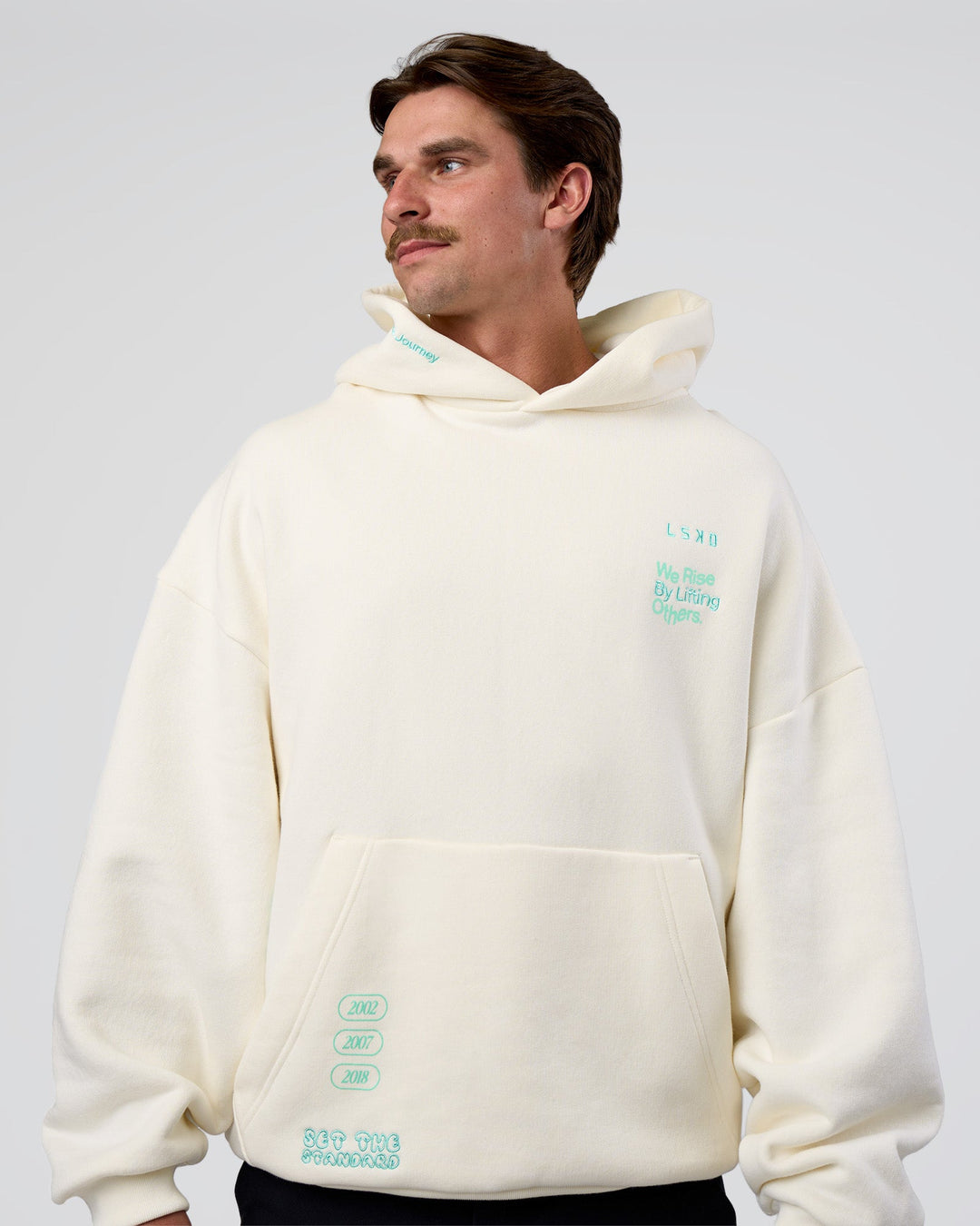 Man wearing Sticker Unisex Oversized Hoodie - Off White-Jelly Mint | Model:Konnor | Size:M