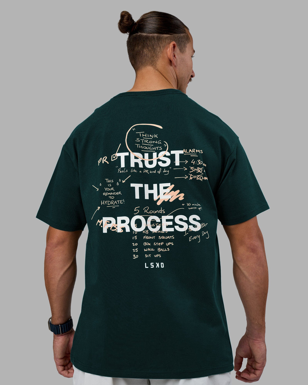 Man wearing Think Strong Heavyweight FLXCotton Tee Oversize - Dark Moss-Off White | Model:Jaiden | Size:M