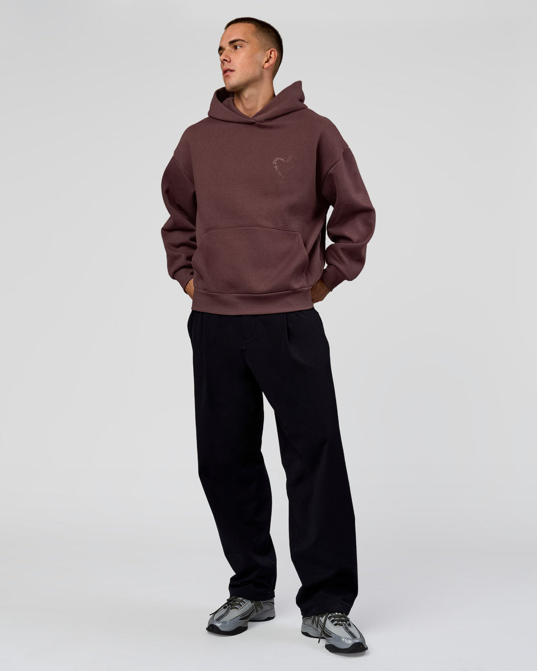 Man wearing Unisex Love The Process Oversize Hoodie - Cocoa Powder-Hot Chocolate | Model:Albert | Size:M