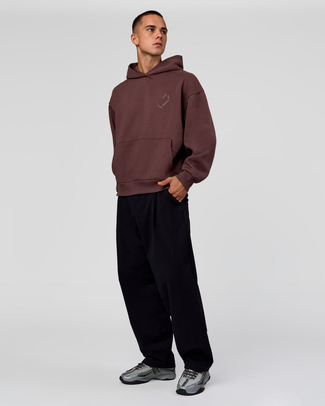 Man wearing Unisex Love The Process Oversize Hoodie - Cocoa Powder-Hot Chocolate | Model:Albert | Size:M