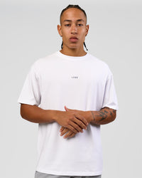 Man wearing Woman wearing Run Like The Wind FLXCotton Oversized Tee - White-Future Navy | Model:Malebo | Size:M