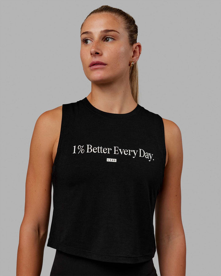 Woman wearing 1% Better Training Tank - Black-White
