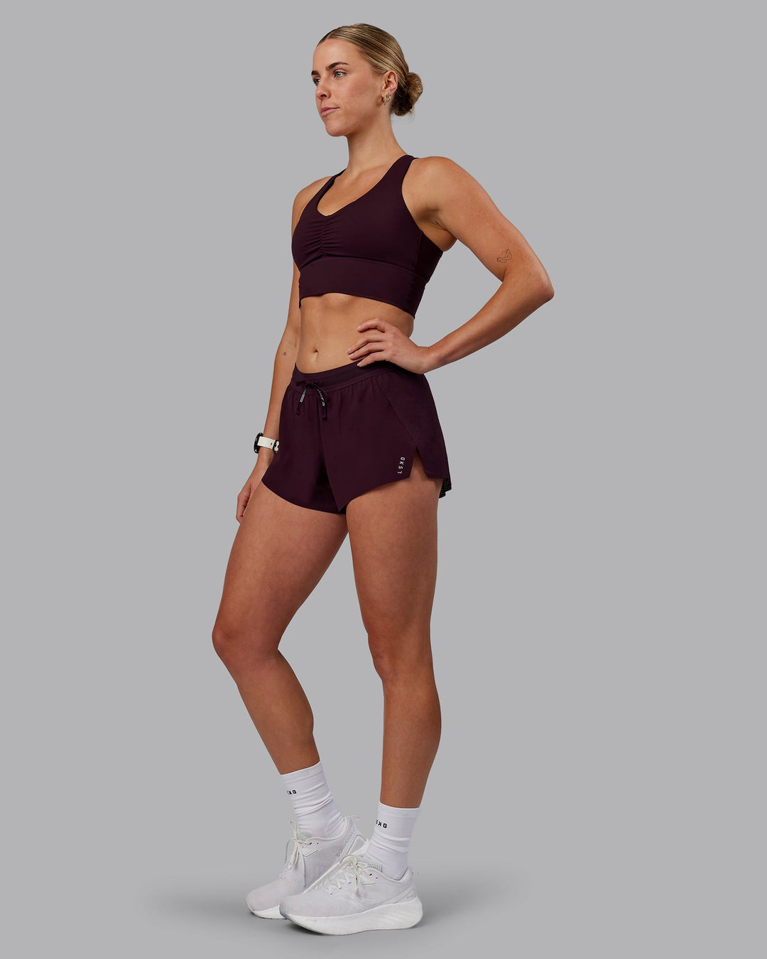 Woman wearing Accelerate 3&quot; Run Shorts - Mulberry