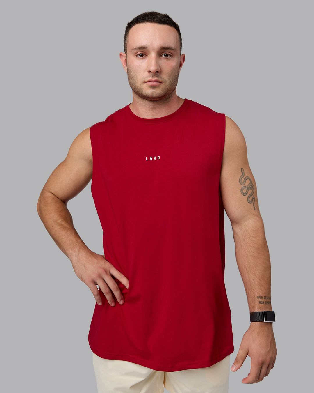 Man wearing Base FLXCotton Tank - Cherry Red-Ivory