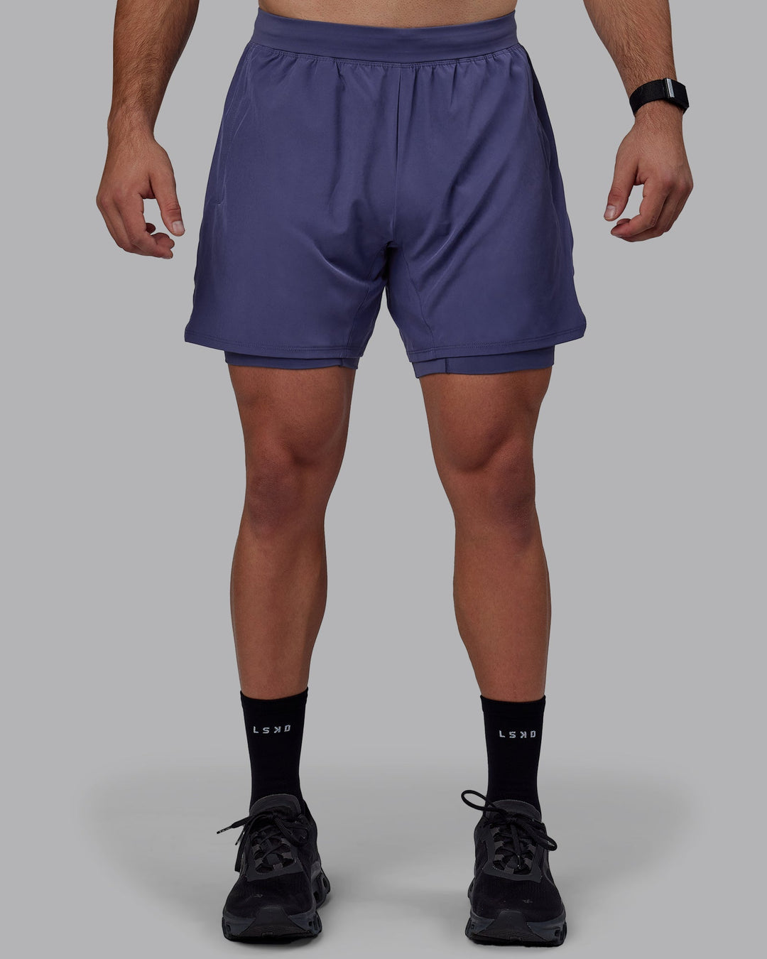 Man wearing Challenger 6&quot; Lined Performance Shorts - Future Dusk