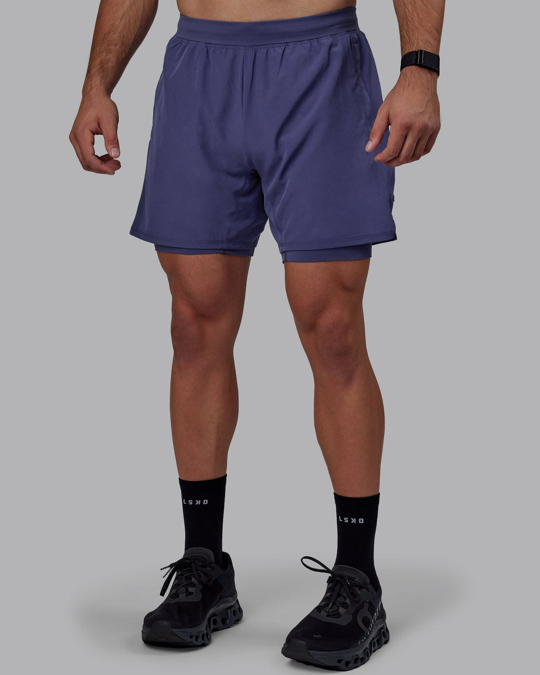 Man wearing Challenger 6&quot; Lined Performance Shorts - Future Dusk