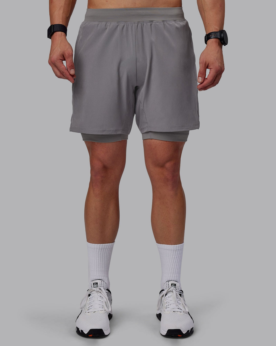 Man wearing Challenger 6" Lined Performance Shorts - Storm Front