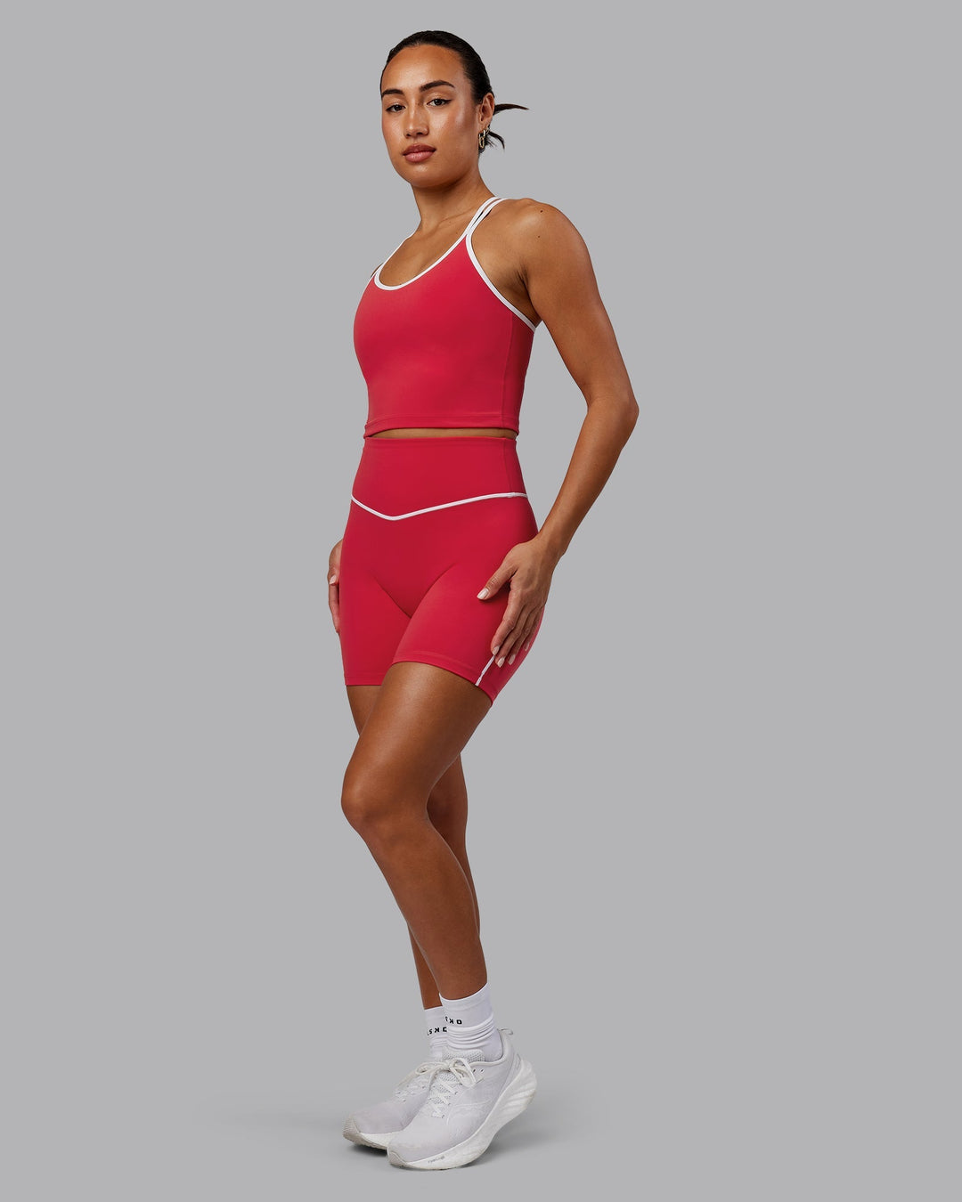 Woman wearing Contrast Active Shelf Bra Tank - Scarlet-White