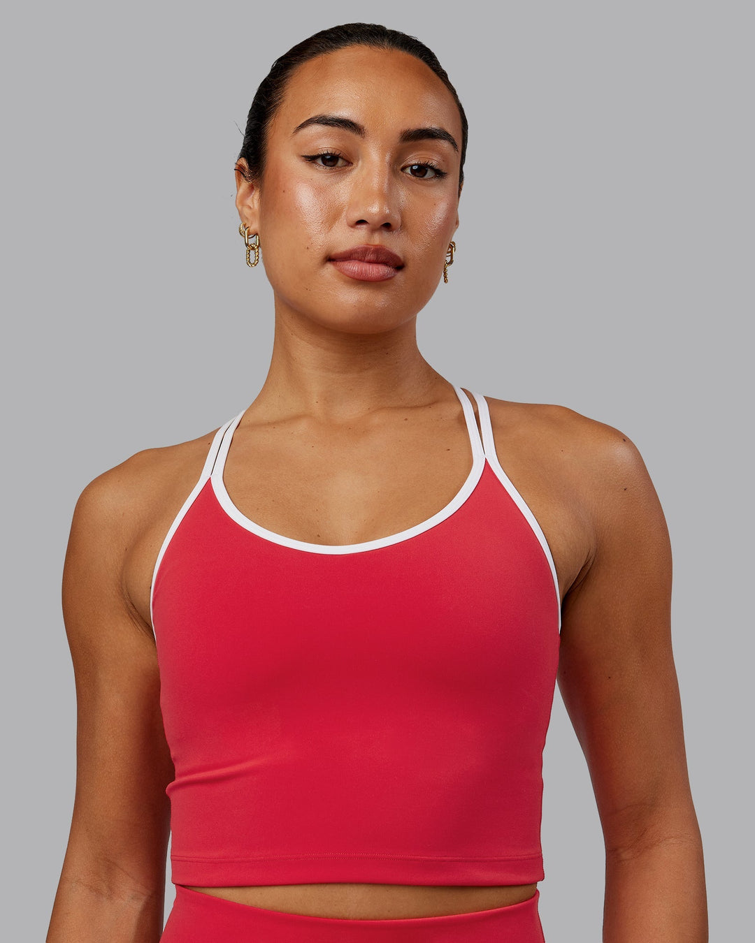 Woman wearing Contrast Active Shelf Bra Tank - Scarlet-White