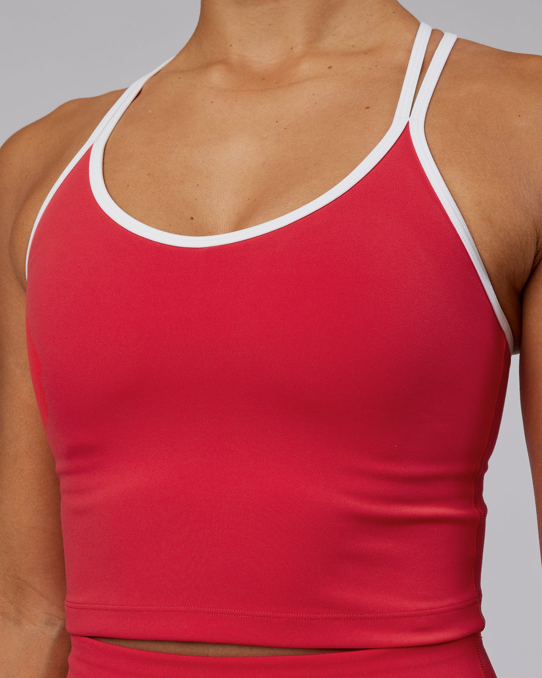 Woman wearing Contrast Active Shelf Bra Tank - Scarlet-White