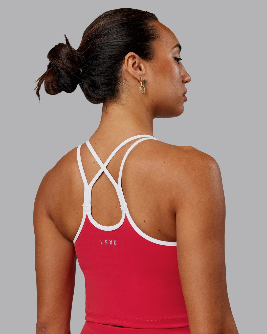 Woman wearing Contrast Active Shelf Bra Tank - Scarlet-White