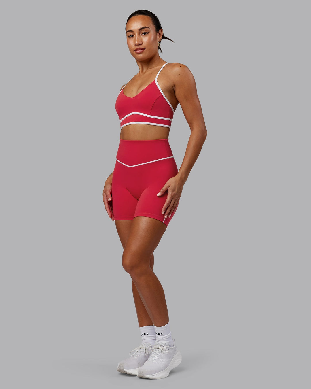 Woman wearing Contrast Sports Bra - Scarlet-White