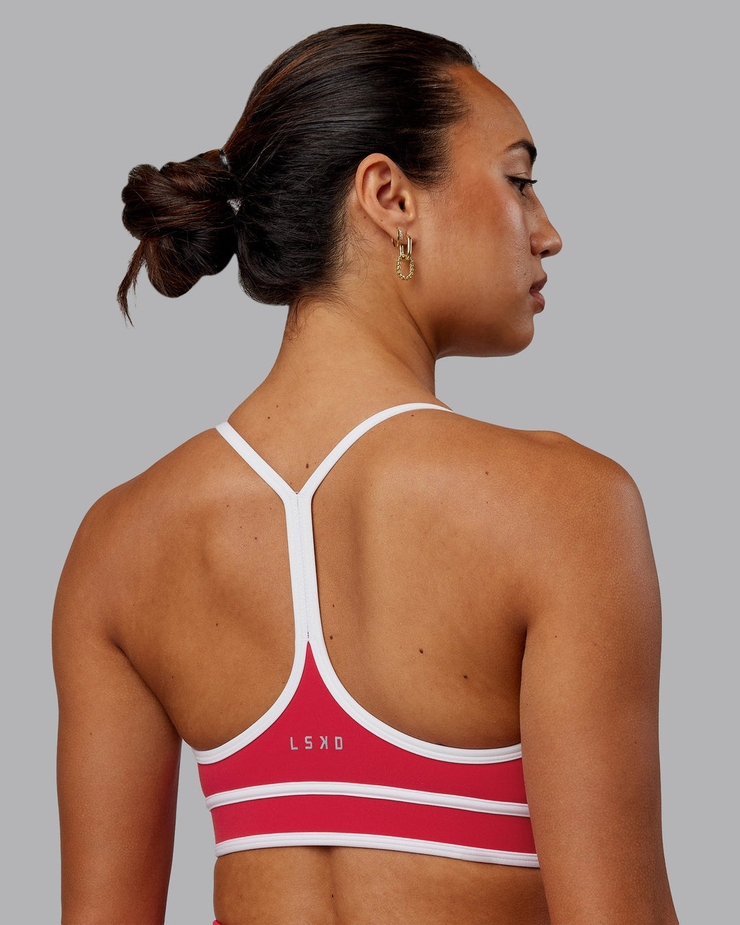 Woman wearing Contrast Sports Bra - Scarlet-White