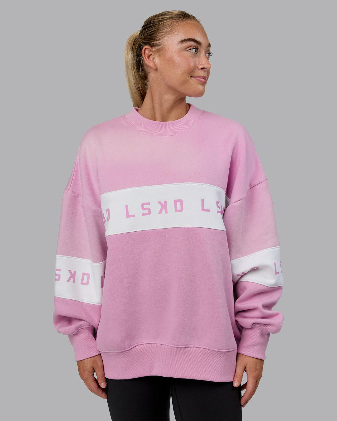 Woman wearing Disc Oversized Sweater - Bubblegum-Light Bubblegum