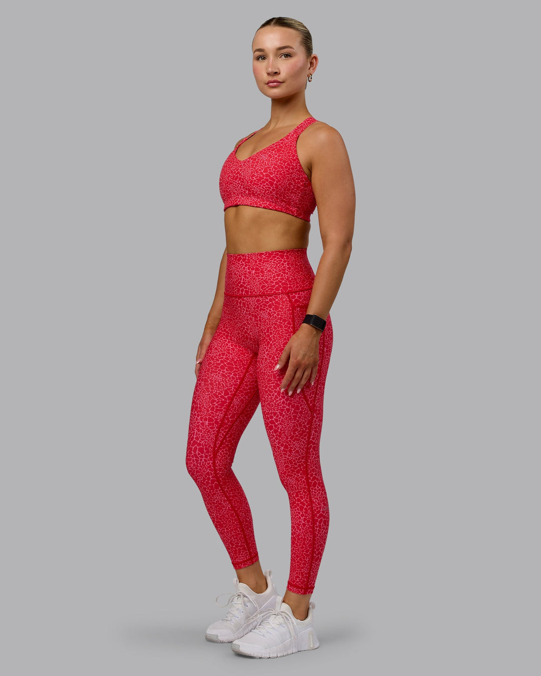 Woman wearing Fusion 7/8 Length Tights - Red Vitality Print