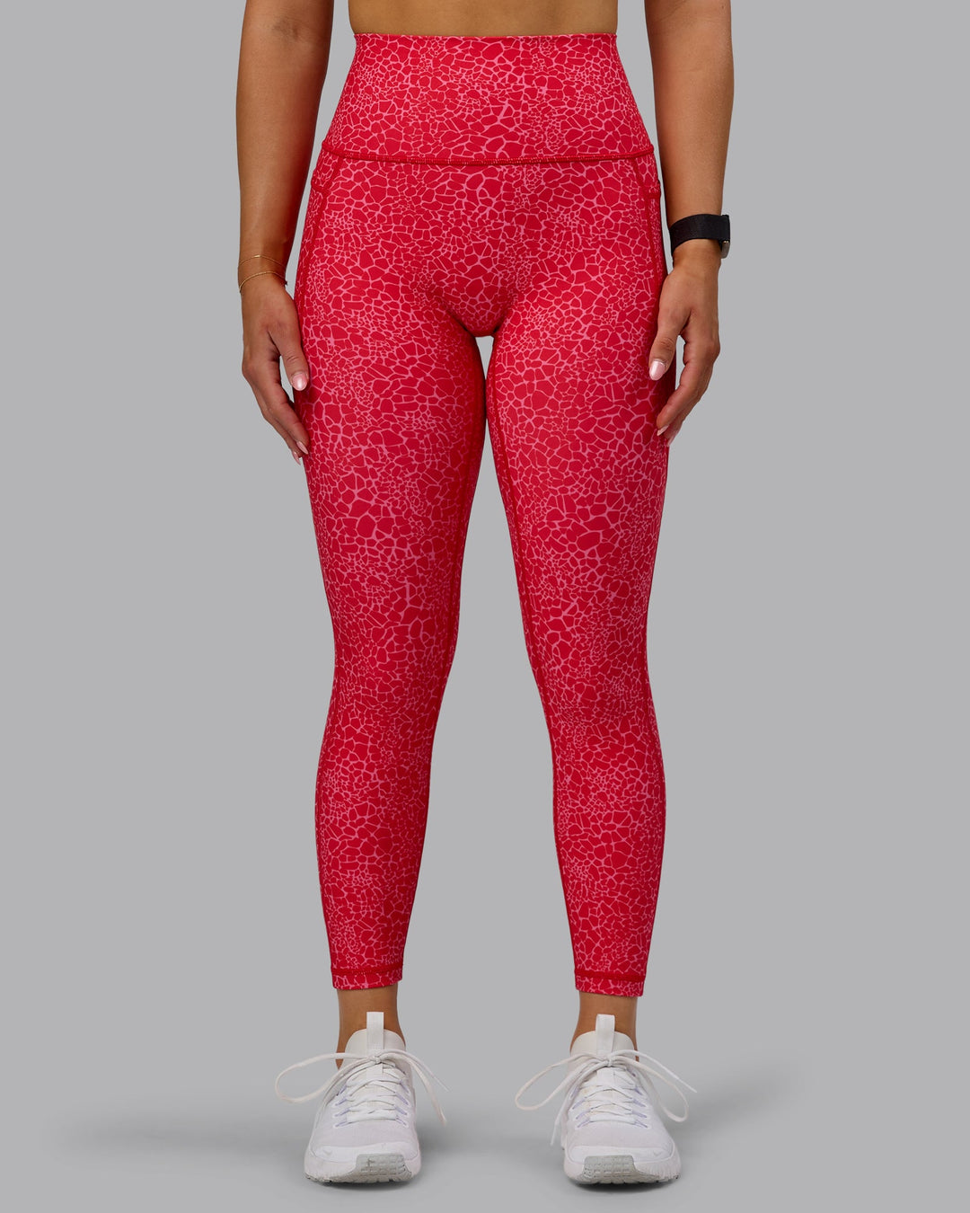 Woman wearing Fusion 7/8 Length Tights - Red Vitality Print