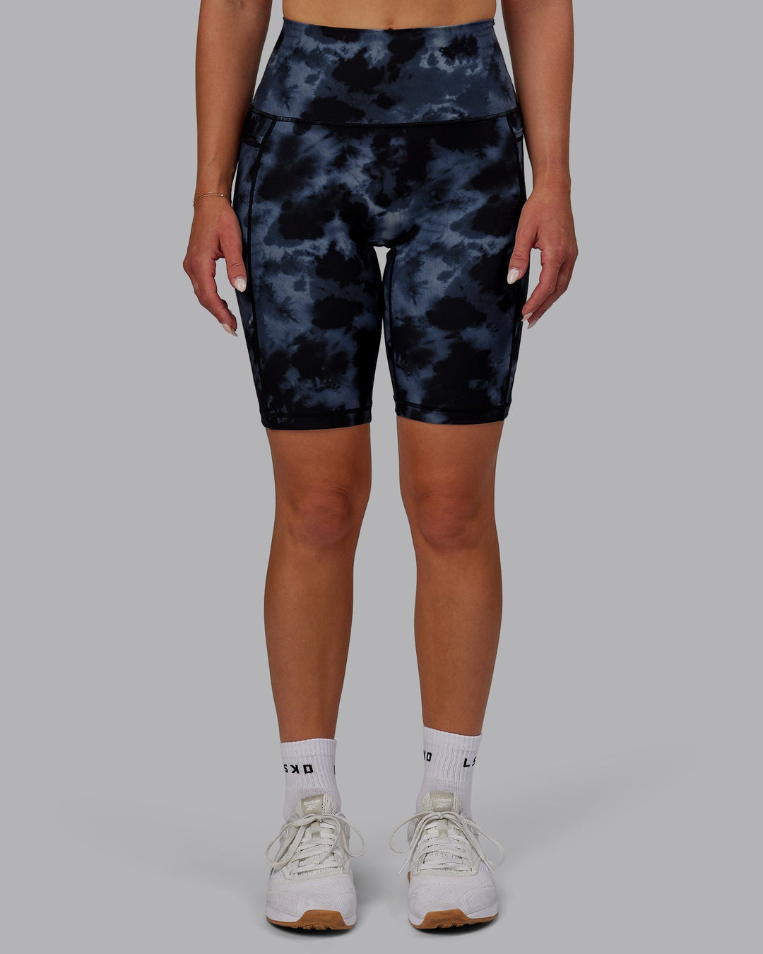 Woman wearing Fusion Bike Shorts - Tie Dye-Midnight