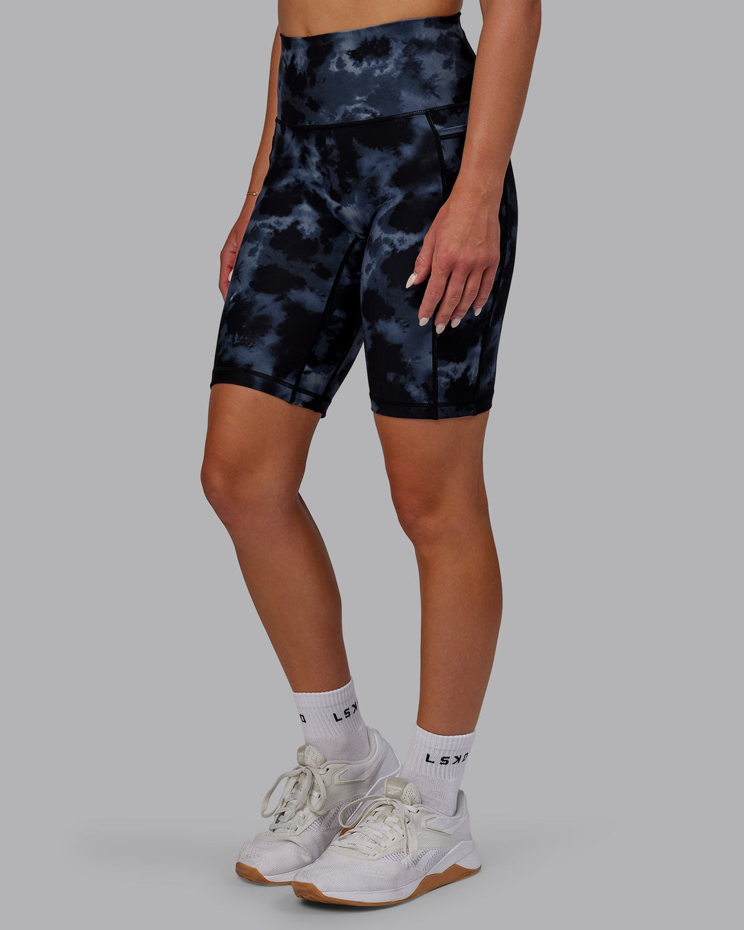 Woman wearing Fusion Bike Shorts - Tie Dye-Midnight