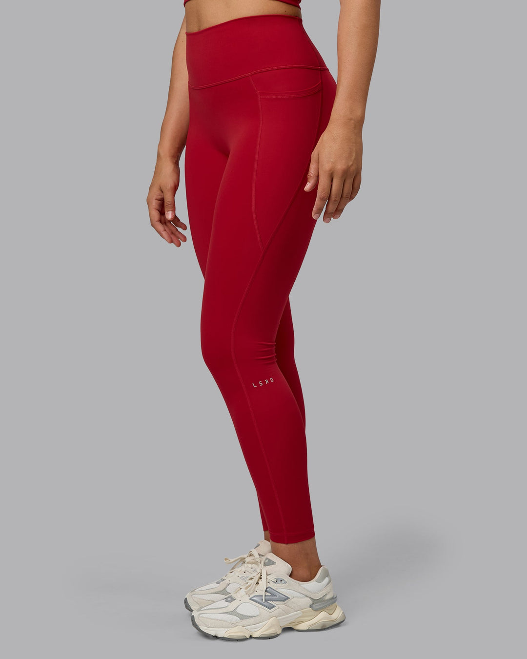 Woman wearing Fusion Full Length Tights with Pockets - Cherry Red