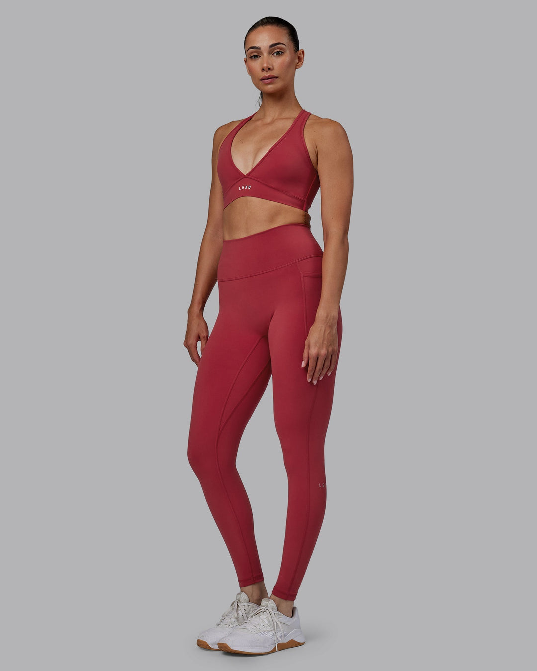 Woman wearing Fusion Full Length Leggings - Claret