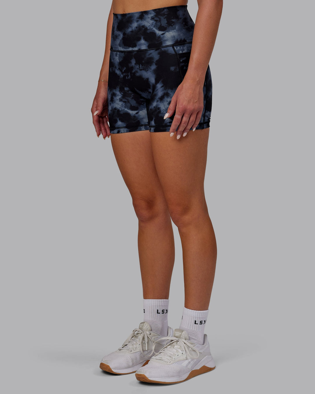 Woman wearing Fusion X-Length Shorts - Tie Dye-Midnight