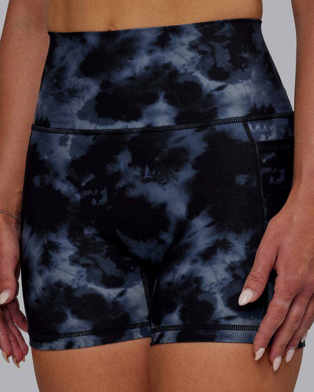 Woman wearing Fusion X-Length Shorts - Tie Dye-Midnight