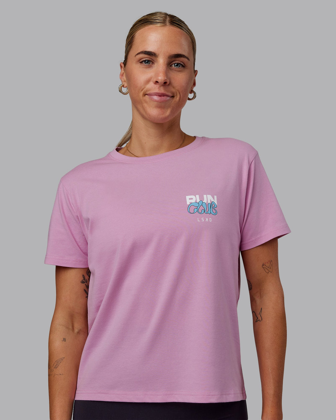 Woman wearing Gone Running FLXCotton Tee - Bubblegum-Skyride