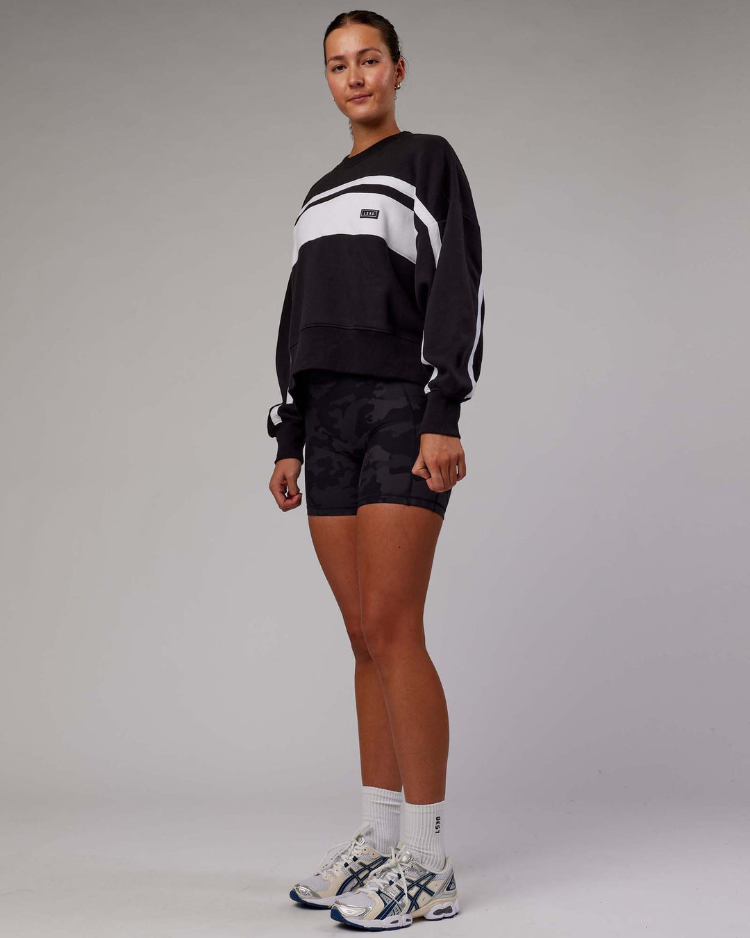 Woman wearing Intercept Sweater - Black-White