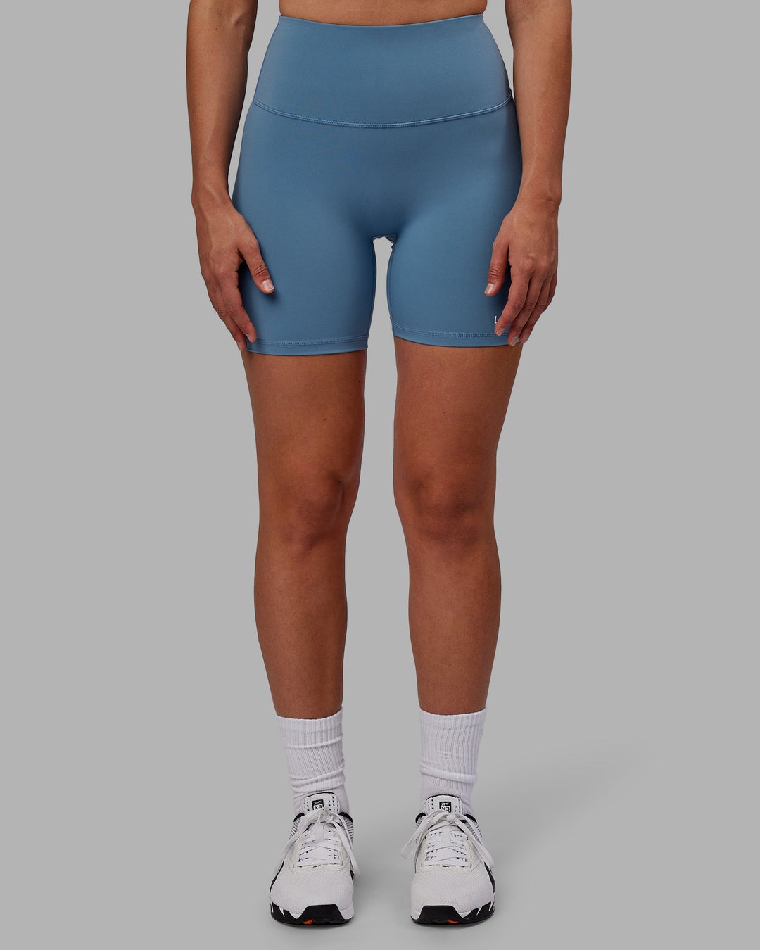 Woman wearing RXD High Waist Mid-Length Shorts - Elemental Blue