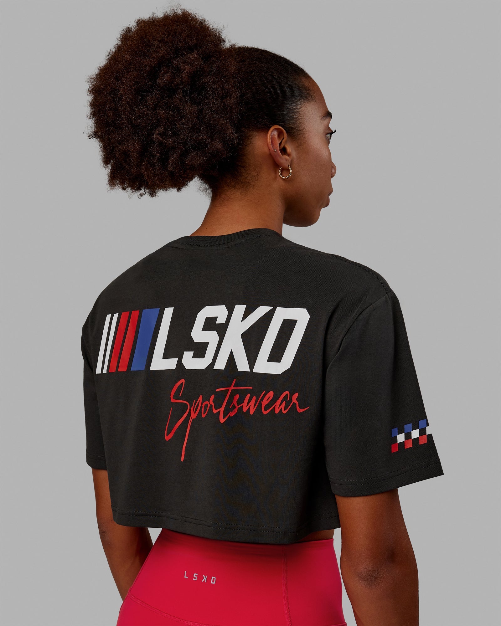 Woman wearing Redline FLXCotton Cropped Tee - Pirate Black-White