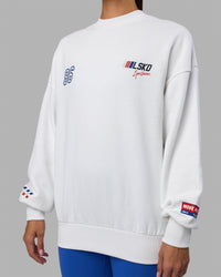 Woman wearing Unisex Redline Sweater Oversize - White-Navy