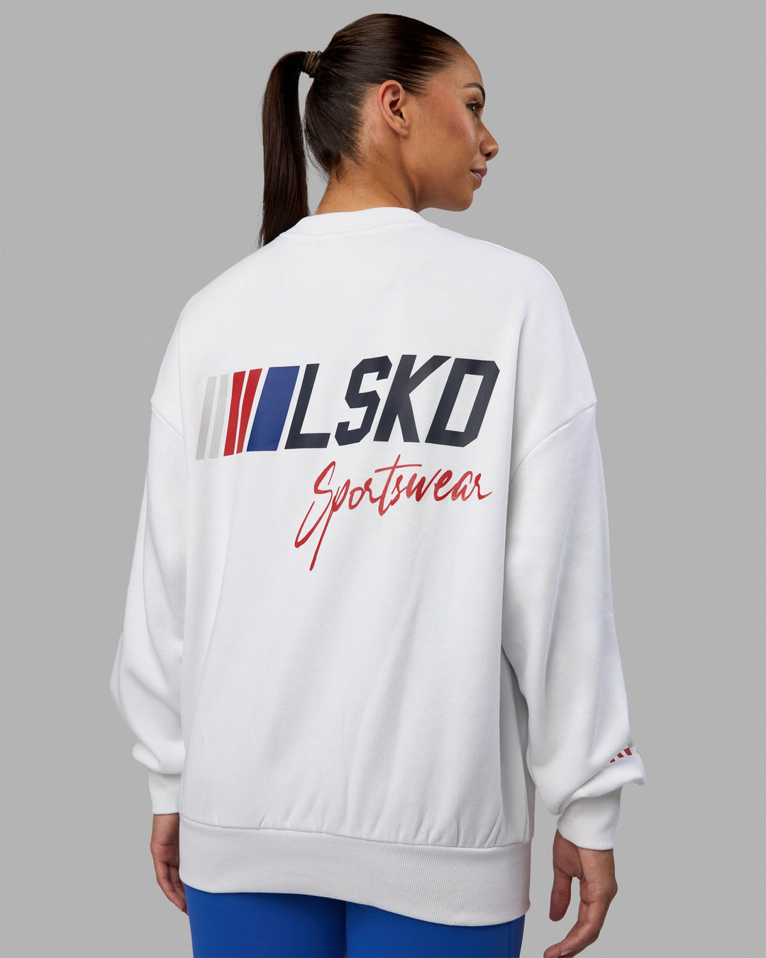 Woman wearing Unisex Redline Sweater Oversize - White-Navy