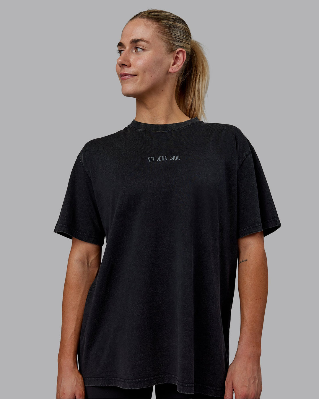 Woman wearing Sara I Can Shall &amp; Will Oversized Washed Tee - Black-Black