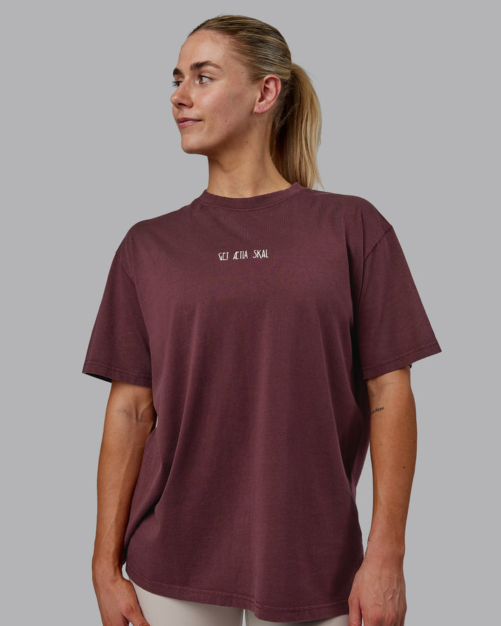 Woman wearing Sara I Can Shall &amp; Will Oversized Washed Tee - Bordeaux-Shale Beige
