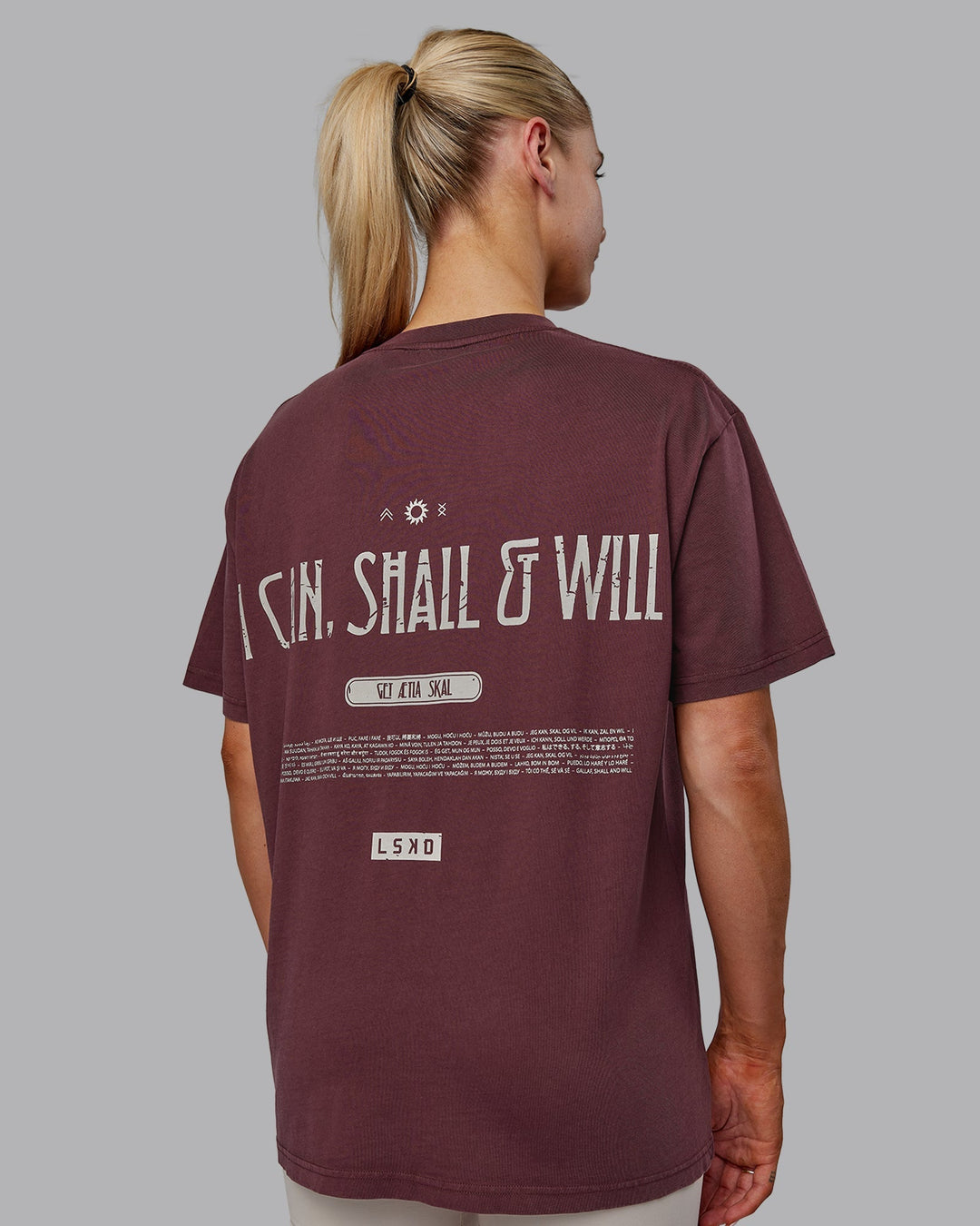 Woman wearing Sara I Can Shall &amp; Will Oversized Washed Tee - Bordeaux-Shale Beige