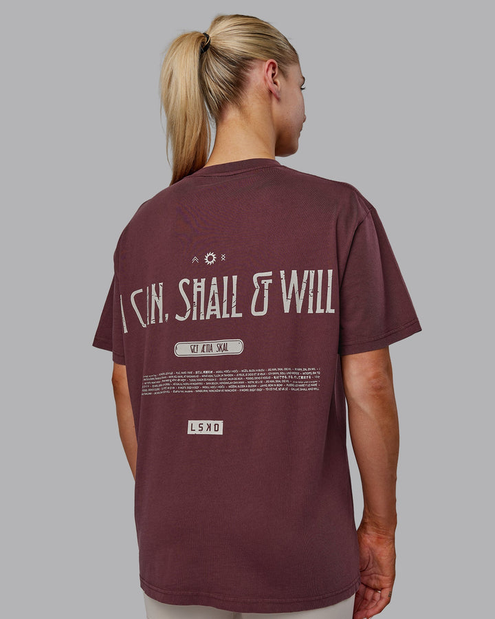 Woman wearing Sara I Can Shall &amp; Will Oversized Washed Tee - Bordeaux-Shale Beige
